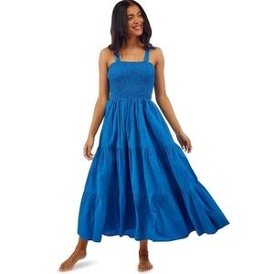 2Chic Blue Smocked Tiered Maxi Dress Shoulder Ties Bohemian Two’s Company